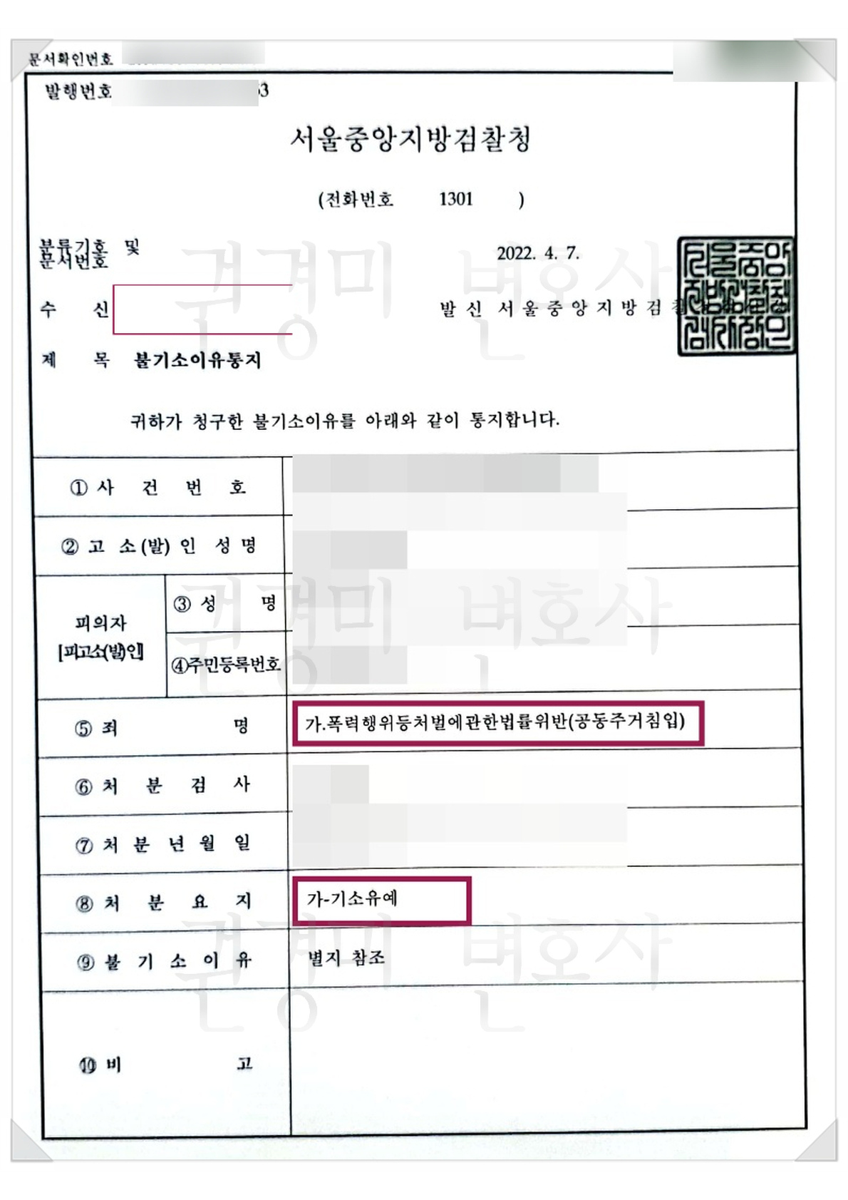 개인정보와 과거 소속을 가리고 공동주거침입과 기소유예를 강조한 불기소이유통지