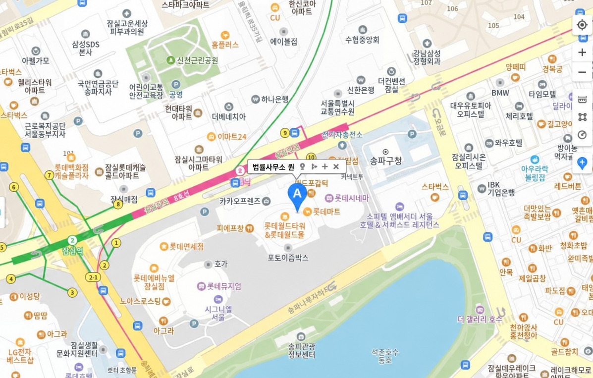 카카오맵에 표시된 서울 송파구 올림픽로 300 롯데월드타워 위치